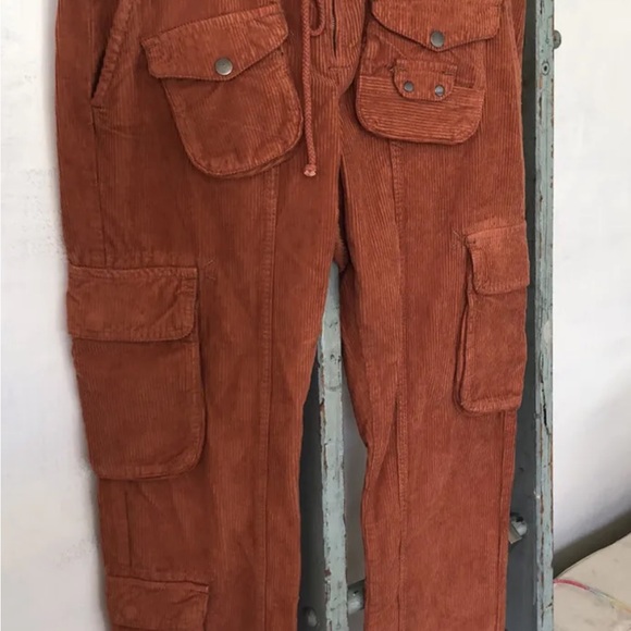 Free People Tahiti Cord Cargo Pants Utility Pockets Smocked Waist Cord Tie Rust - Picture 4 of 7